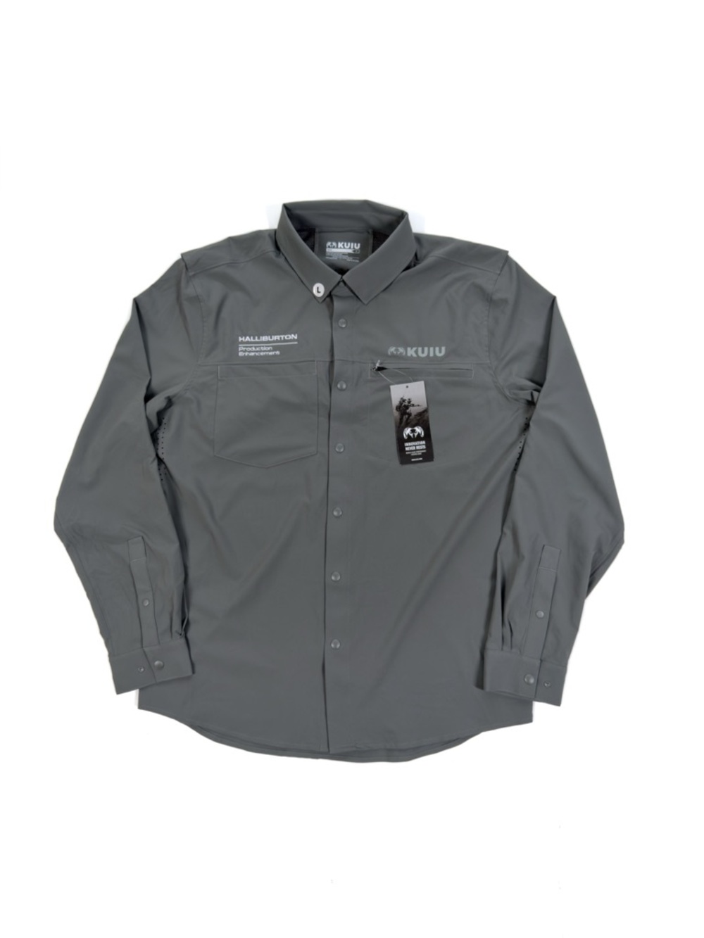 KUIU Mesa Vented Long Sleeved Snap Shirt Men’s L • Gray • LOGO • NWD
